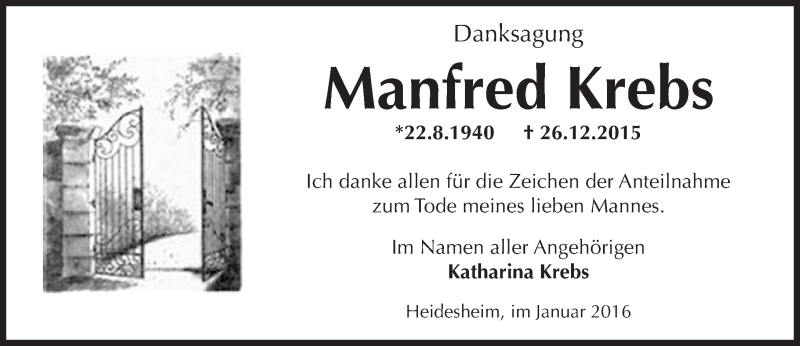  Traueranzeige für Manfred Krebs vom 23.01.2016 aus  Allgemeine  Zeitung Ingelheim-Bingen