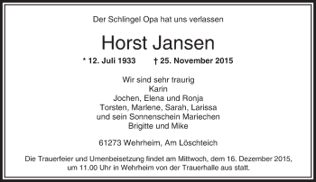 Traueranzeige von Horst Jansen von  Usinger Anzeiger