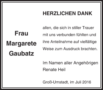 Traueranzeige von Margarete Gaubatz von Trauerportal Echo Online