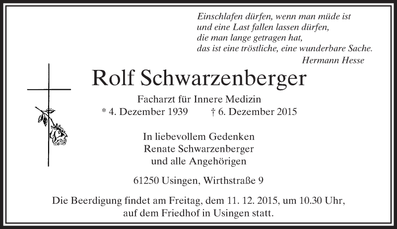  Traueranzeige für Rolf Schwarzenberger vom 09.12.2015 aus  Usinger Anzeiger
