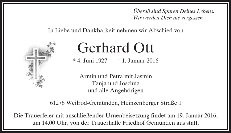  Traueranzeige für Gerhard Ott vom 16.01.2016 aus  Usinger Anzeiger