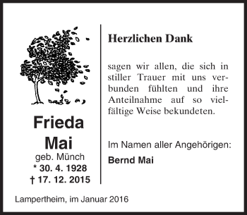Traueranzeige von Frieda Mai von  Bürstädter Zeitung