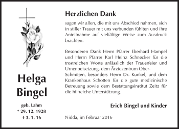 Traueranzeige von Helga Bingel von  Sonntags Anzeiger