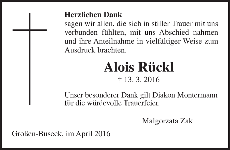  Traueranzeige für Alois Rückl vom 08.04.2016 aus  Busecker Anzeiger