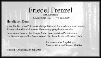 Traueranzeige von Friedel Frenzel von  Usinger Anzeiger