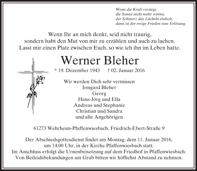  Traueranzeige für Werner Bleher vom 06.01.2016 aus  Usinger Anzeiger