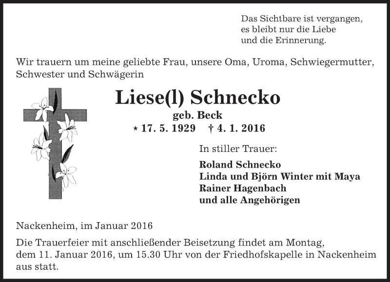 Traueranzeige für Liese Schnecko vom 09.01.2016 aus  Allgemeine Zeitung Mainz