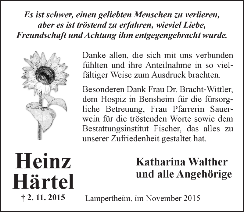  Traueranzeige für Heinz Härtel vom 21.11.2015 aus  Bürstädter Zeitung