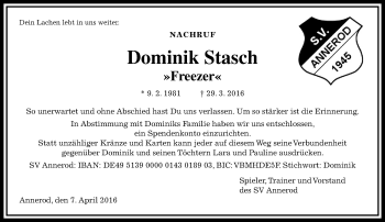 Traueranzeige von Dominik Stasch von  Gießener Anzeiger