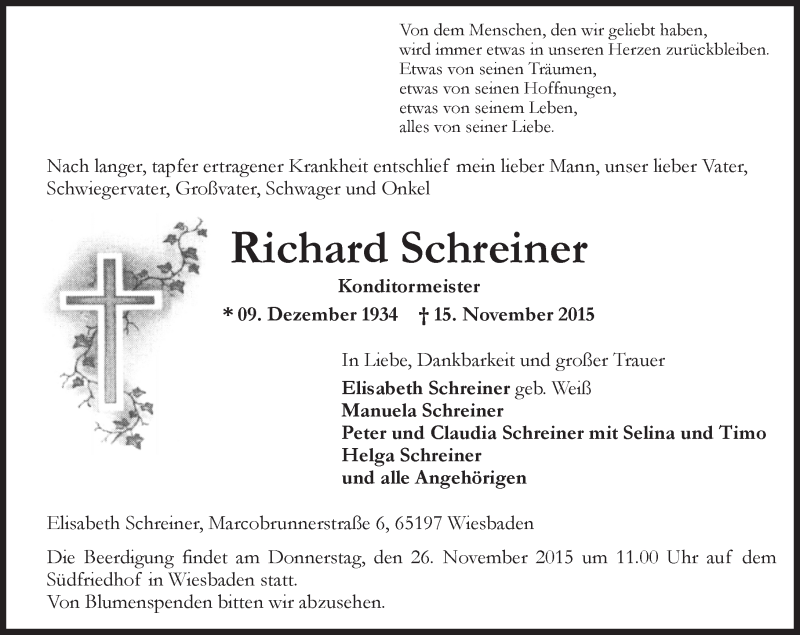  Traueranzeige für Richard Schreiner vom 21.11.2015 aus  Wiesbaden komplett