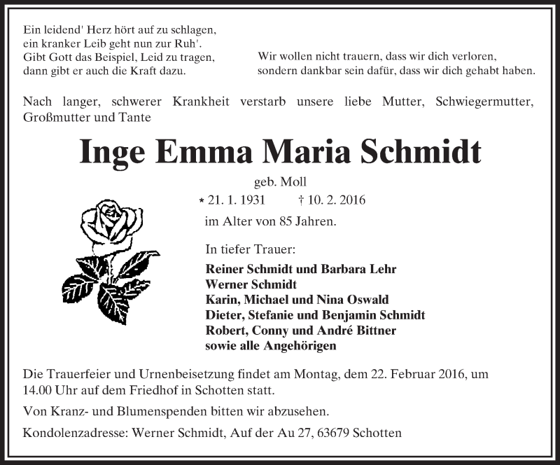  Traueranzeige für Inge Emma Maria Schmidt vom 13.02.2016 aus  Kreisanzeiger