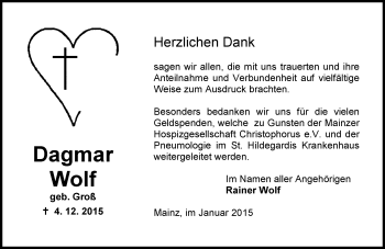 Traueranzeige von Dagmar Wolf von  Allgemeine Zeitung Mainz