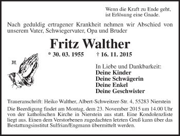 Traueranzeige von Fritz Walther von  Landskrone