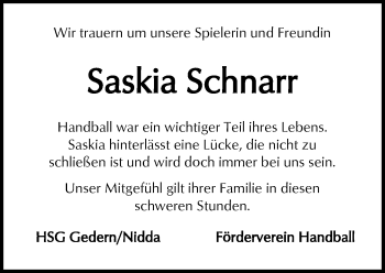 Traueranzeige von Saskia Schnarr von  Kreisanzeiger