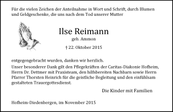 Traueranzeige von Ilse Reimann von  Hofheimer Zeitung