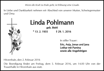 Traueranzeige von Linda Pohlmann von  Kreisanzeiger