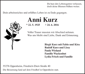 Traueranzeige von Anni Kurz von Trauerportal Rhein Main Presse