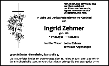 Traueranzeige von Ingrid Zehmer von  Allgemeine  Zeitung Ingelheim-Bingen