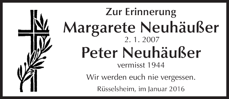  Traueranzeige für Margarete und Peter Neuhäußer vom 02.01.2016 aus  Mainspitze