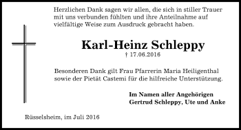 Traueranzeige von Karl-Heinz Schleppy von Trauerportal Echo Online