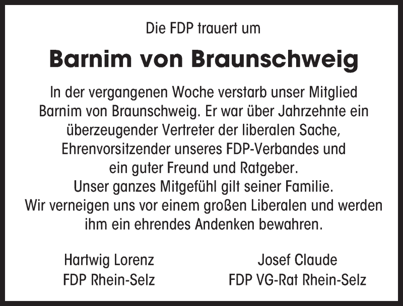  Traueranzeige für Barnim von Braunschweig vom 05.02.2016 aus  Landskrone