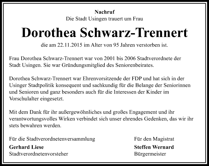  Traueranzeige für Dorothea Schwarz-Trennert vom 05.12.2015 aus  Usinger Anzeiger