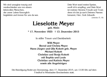 Traueranzeige von Lieselotte Meyer von  Wiesbaden komplett