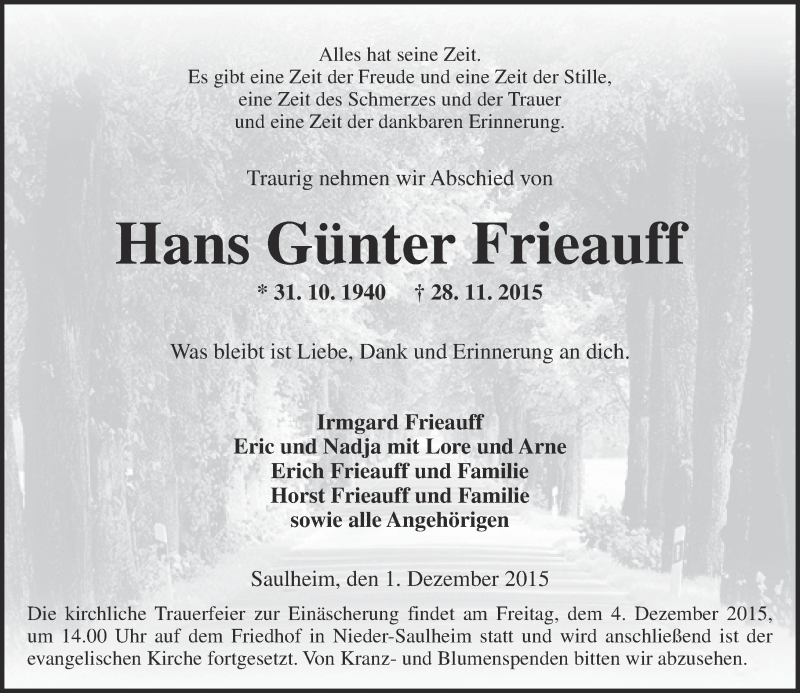  Traueranzeige für Hans Günter Frieauff vom 01.12.2015 aus  Allgemeine Zeitung Alzey