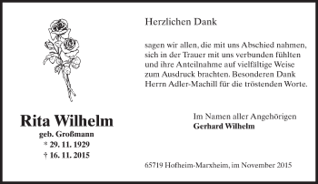 Traueranzeige von Rita Wilhelm von  Hofheimer Zeitung