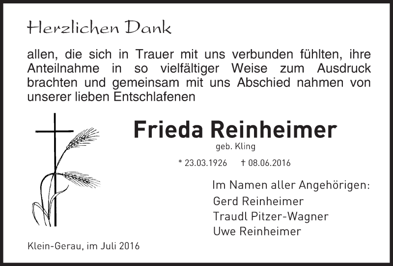  Traueranzeige für Frieda Reinheimer vom 09.07.2016 aus Trauerportal Rhein Main Presse