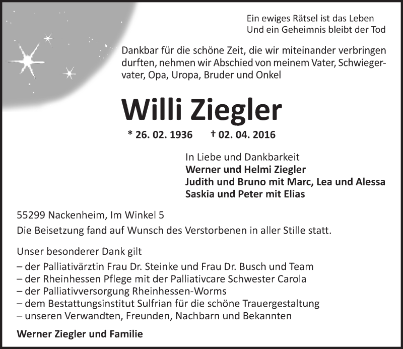  Traueranzeige für Willi Ziegler vom 14.04.2016 aus  Landskrone