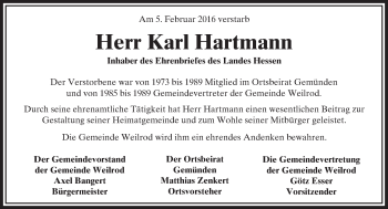 Traueranzeige von Karl Hartmann von  Usinger Anzeiger