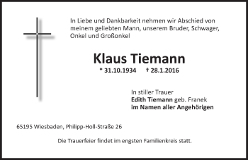 Traueranzeige von Klaus Tiemann von  Wiesbaden komplett