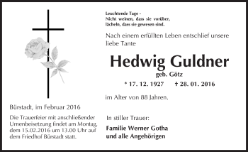 Traueranzeige von Hedwig Guldner von  Bürstädter Zeitung
