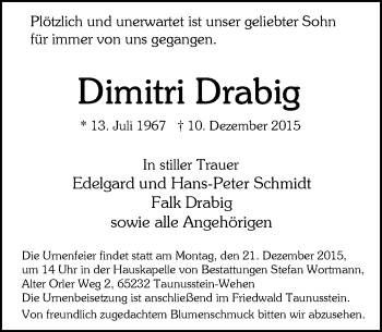 Traueranzeige von Dimitri Drabig von  WK-UTA/Aar-Bote
