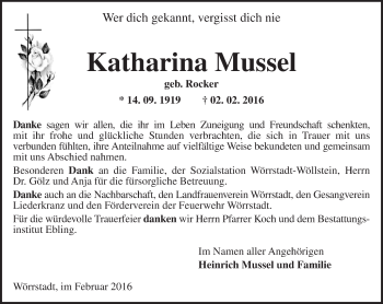 Traueranzeige von Katharina Mussel von  Allgemeine Zeitung Alzey
