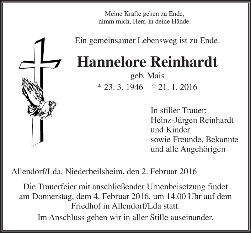  Traueranzeige für Hannelore Reinhardt vom 02.02.2016 aus  Gießener Anzeiger