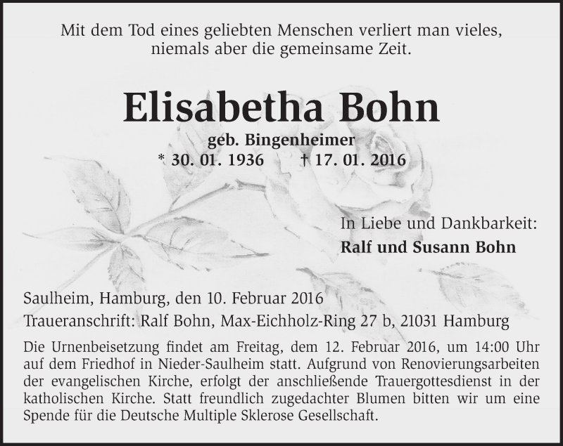  Traueranzeige für Elisabetha Bohn vom 10.02.2016 aus  Allgemeine Zeitung Alzey