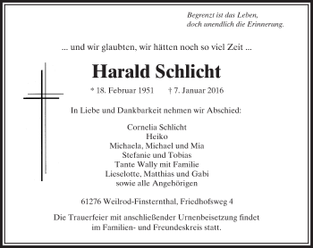 Traueranzeige von Harald Schlicht von  Usinger Anzeiger