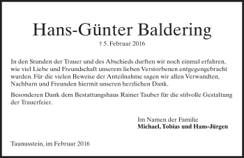 Traueranzeige von Hans-Günter Baldering von  Wiesbaden komplett