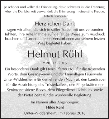 Traueranzeige von Helmut Rühl von  Sonntags Anzeiger