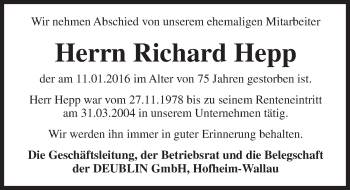 Traueranzeige von Richard Hepp von trauer.rmp.de