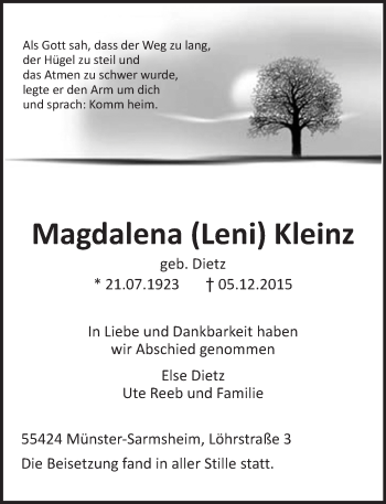 Traueranzeige von Magdalena Kleinz von  Allgemeine  Zeitung Ingelheim-Bingen