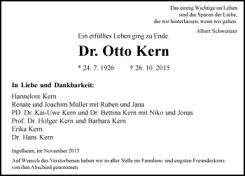 Traueranzeige von Otto Kern von  Allgemeine  Zeitung Ingelheim-Bingen