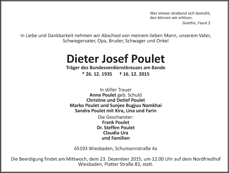  Traueranzeige für Dieter Josef Poulet vom 19.12.2015 aus  Wiesbaden komplett