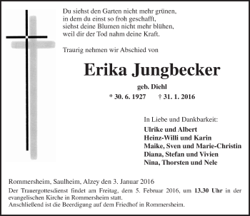 Traueranzeige von Erika Jungbecker von  Allgemeine Zeitung Alzey