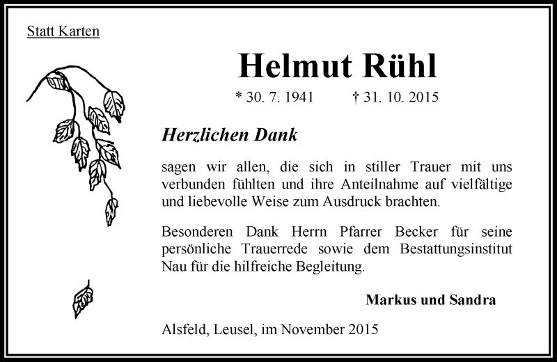  Traueranzeige für Helmut Rühl vom 05.12.2015 aus  OK Oberhessen Kurier