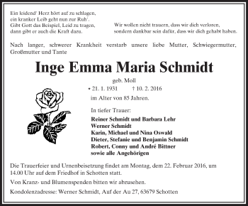 Traueranzeige von Inge Emma Maria Schmidt von  Kreisanzeiger