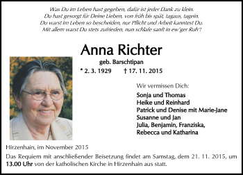 Traueranzeige von Anna Richter von  Kreisanzeiger
