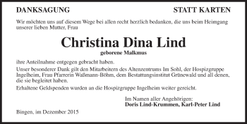 Traueranzeige von Christina Dina Lind von  Allgemeine Zeitung Alzey